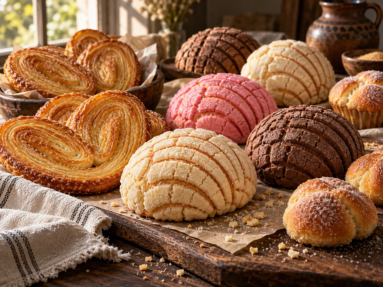 Surtido de pan dulce mexicano con conchas, orejas y panecillos