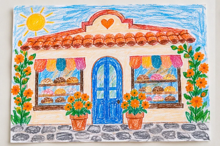 Ilustración de muestra: Una panadería con flores y vitrinas de pan