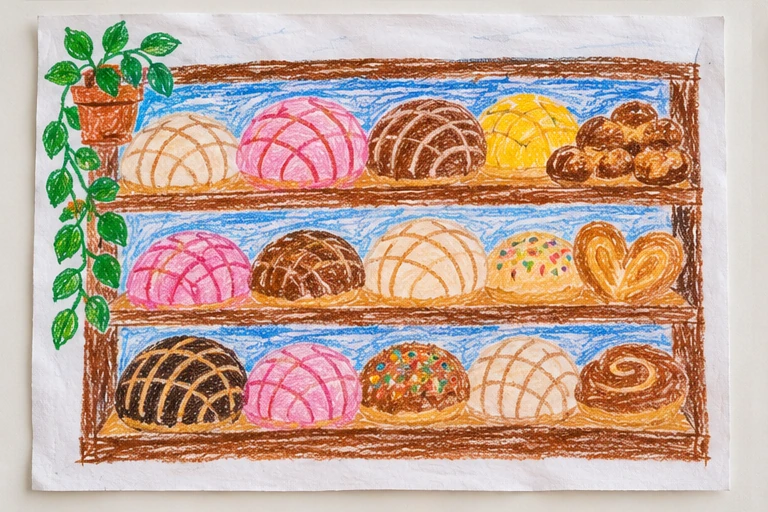 Ilustración de muestra: Panes dulces dibujados con crayones