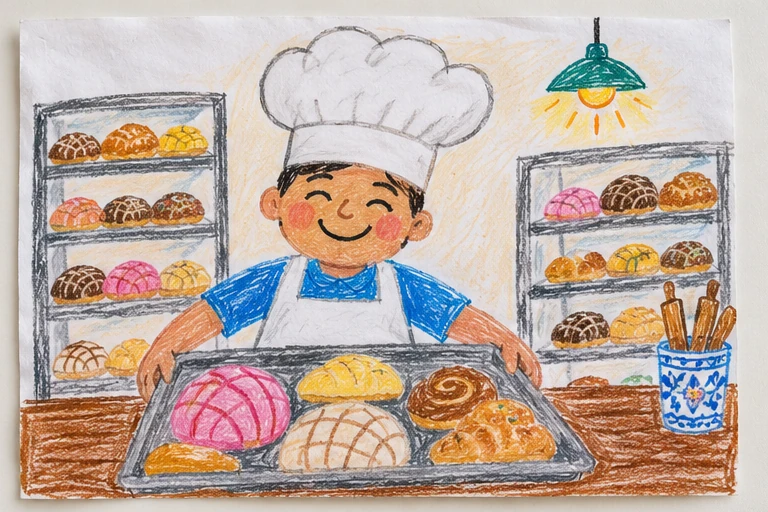 Ilustración de muestra: Un chef saluda frente al horno