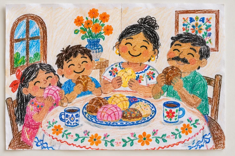 Ilustración de muestra: Una familia visita la panadería
