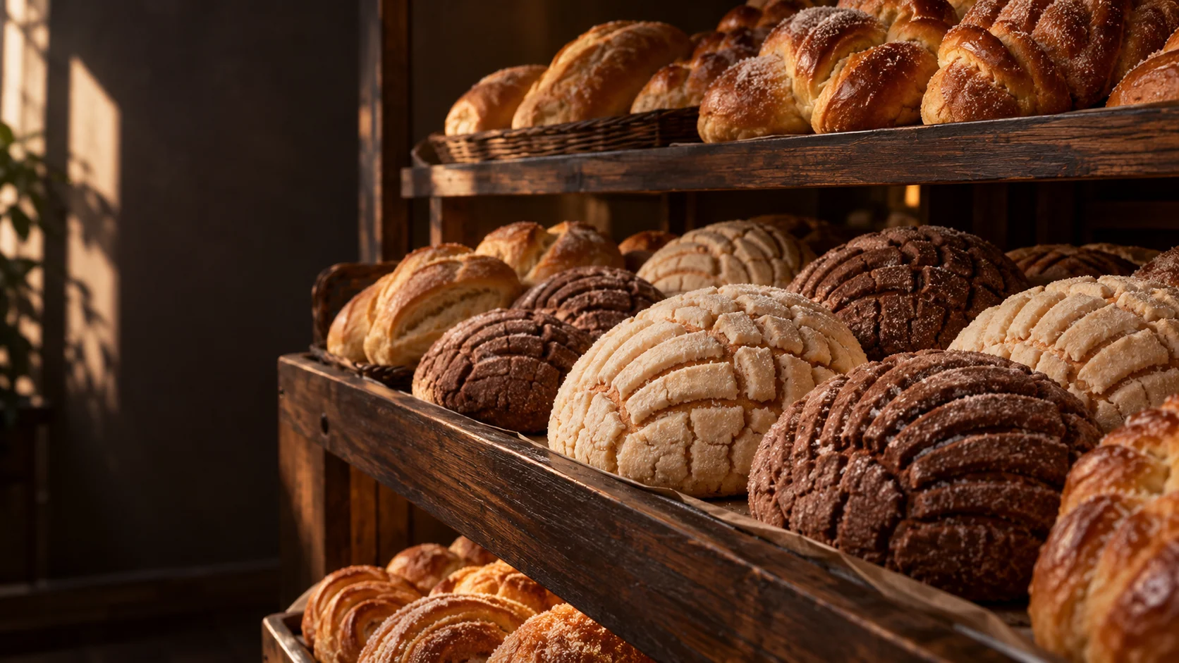 Pan dulce mexicano recién horneado sobre repisas de madera