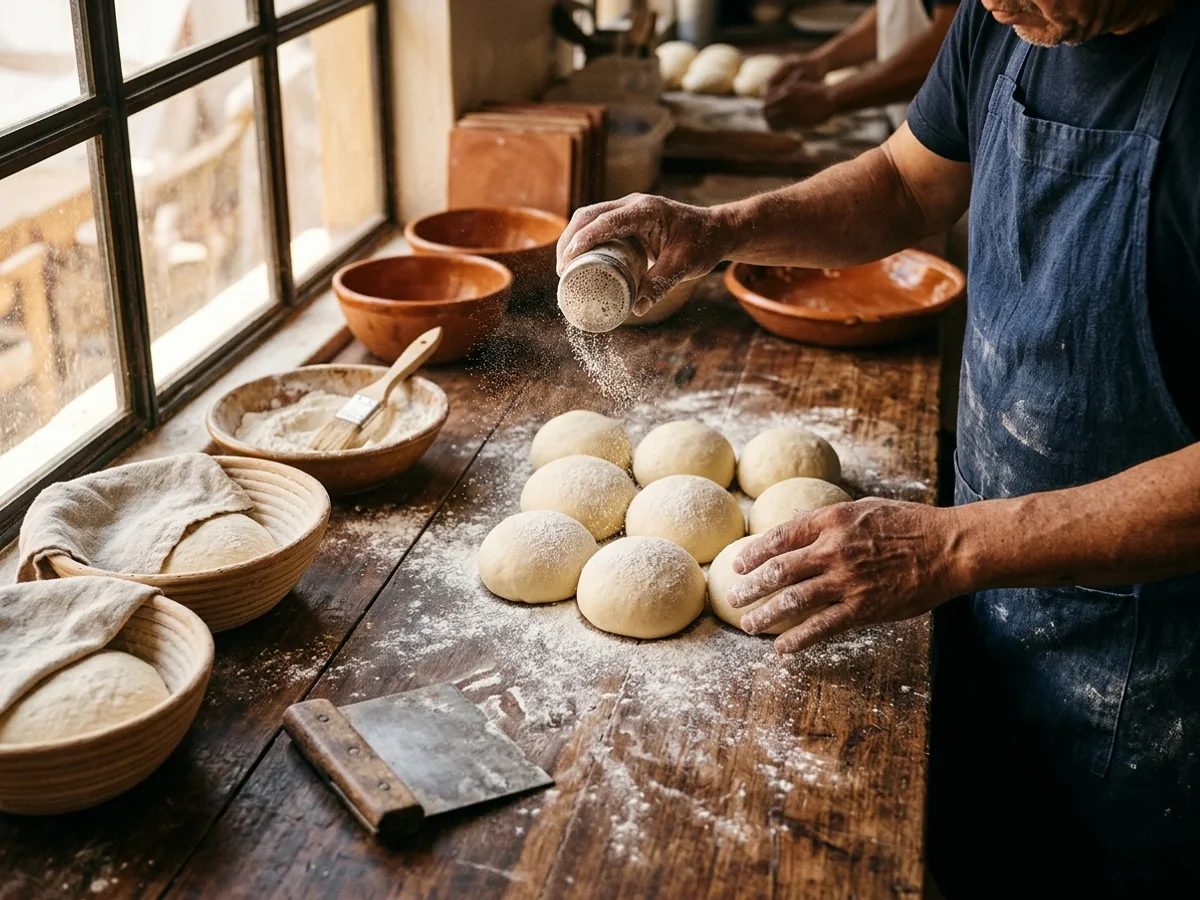 Manos panaderas espolvoreando harina sobre piezas de masa en mesa de madera