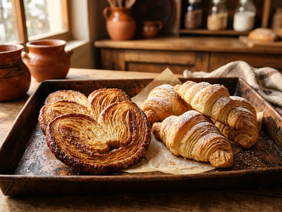 Orejas caramelizadas y pan laminado dorado en charola