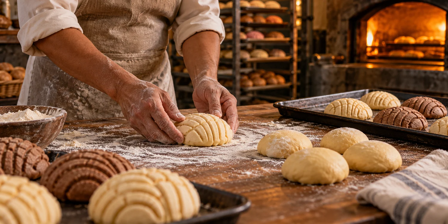 Manos panaderas dando forma a una concha frente al horno encendido