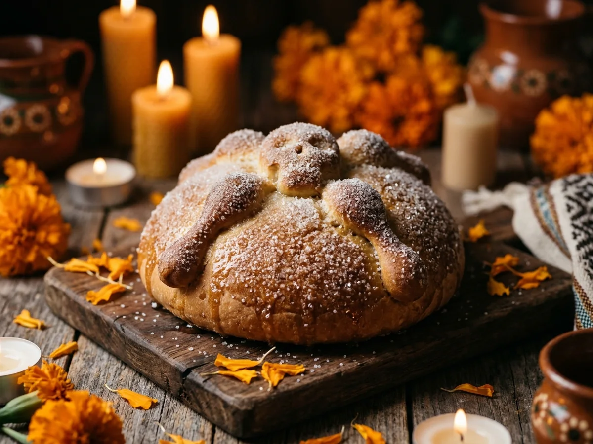 Pan de muerto tradicional cubierto de azúcar entre flores de cempasúchil