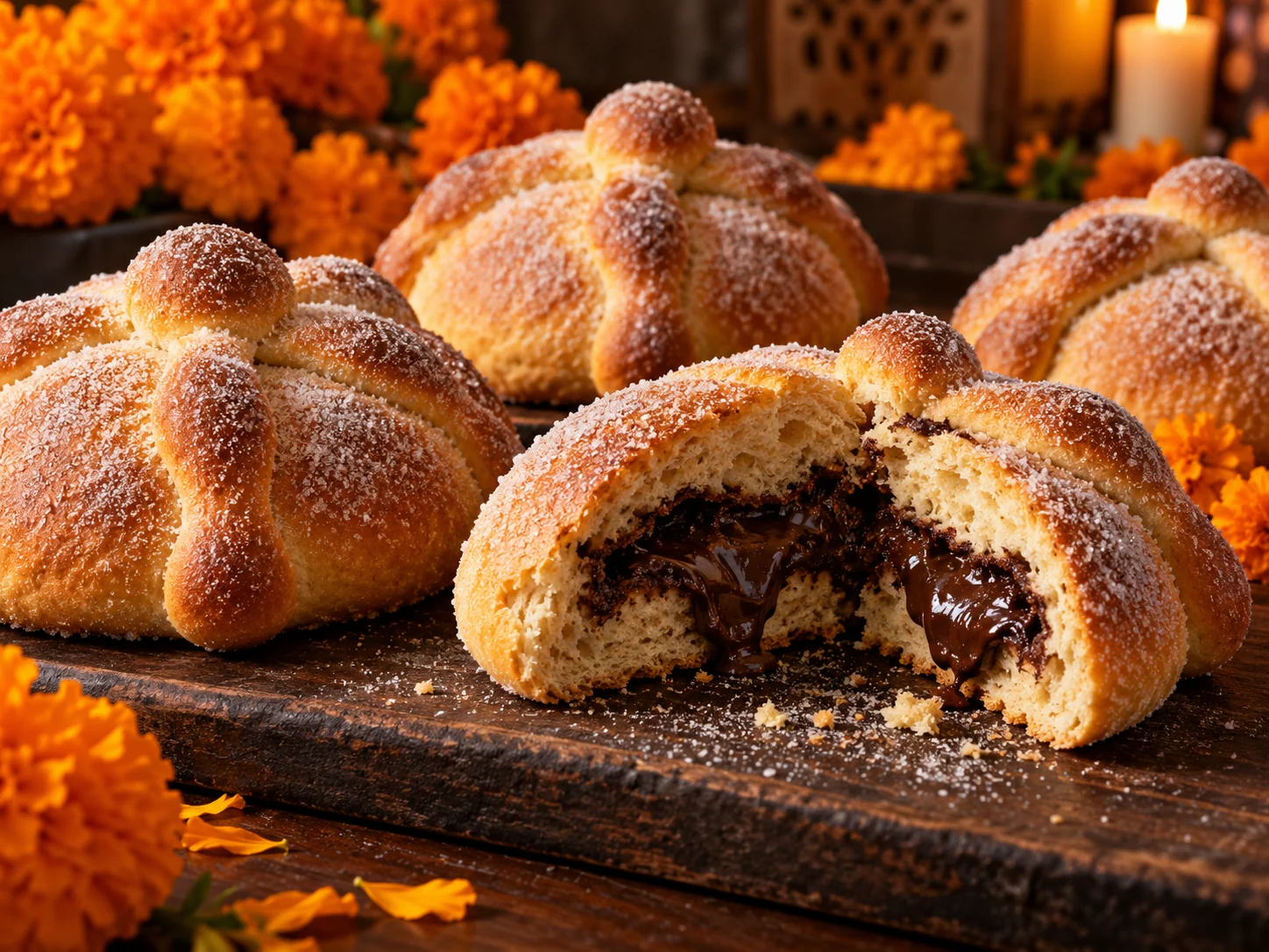 Pan de muerto partido por la mitad mostrando su relleno de chocolate
